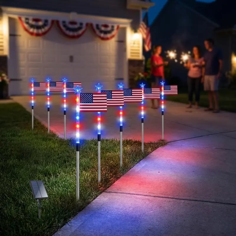8 Solar American Flag Pathway Lights β Red. White & Blue Yard Glow for 250th Independence Celebration πΊπΈβ¨