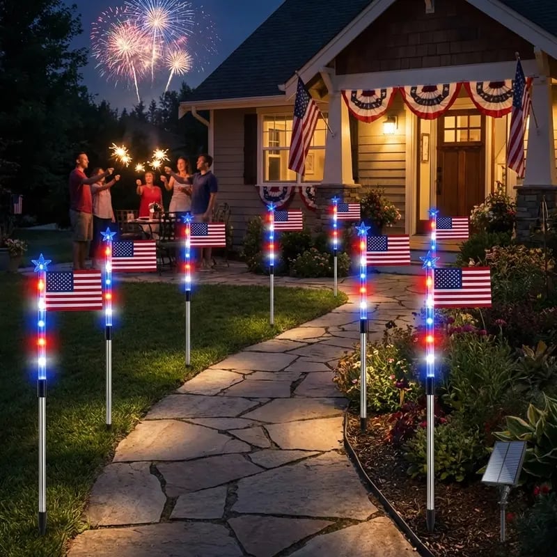8 Solar American Flag Pathway Lights – Red. White & Blue Yard Glow for 250th Independence Celebration 🇺🇸✨