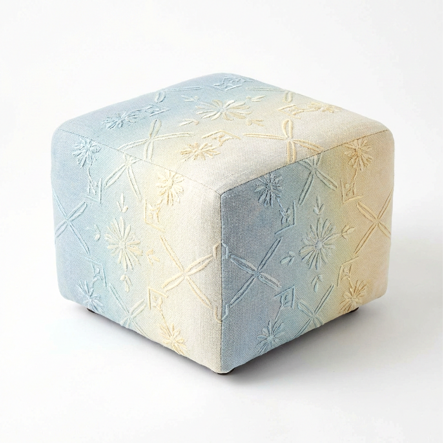 Embroidered Cube Pouf Ottoman – Blue &amp; Cream Ombre Upholstered Footstool, Soft Square Floor Seat Accent Stool