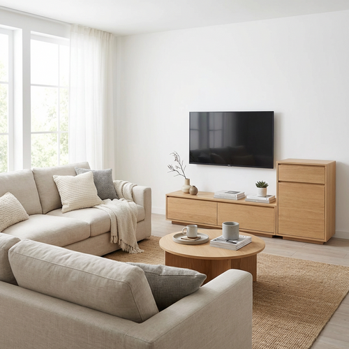 Modular Wooden TV Stand with Storage – Minimalist Low Media Console + Tall Side Cabinet, Oak Finish Entertainment Center