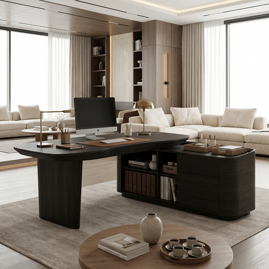 Modern Executive Desk with Storage – Black Wood Writing Desk with Side Cabinet, Rounded Edge Office Desk with Shelves &amp; Drawers