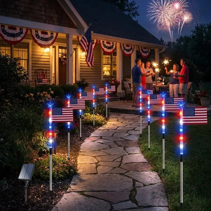 8 Solar American Flag Pathway Lights – Red. White & Blue Yard Glow for 250th Independence Celebration 🇺🇸✨