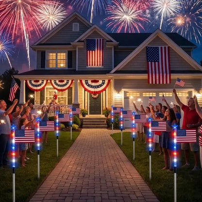 8 Solar American Flag Pathway Lights – Red. White & Blue Yard Glow for 250th Independence Celebration 🇺🇸✨