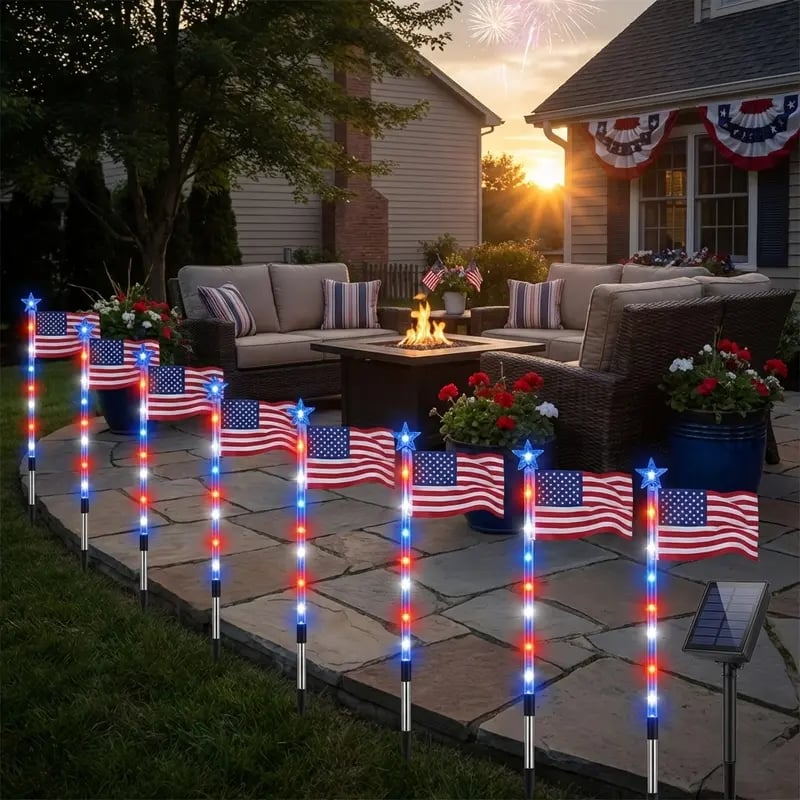 8 Solar American Flag Pathway Lights – Red. White & Blue Yard Glow for 250th Independence Celebration 🇺🇸✨