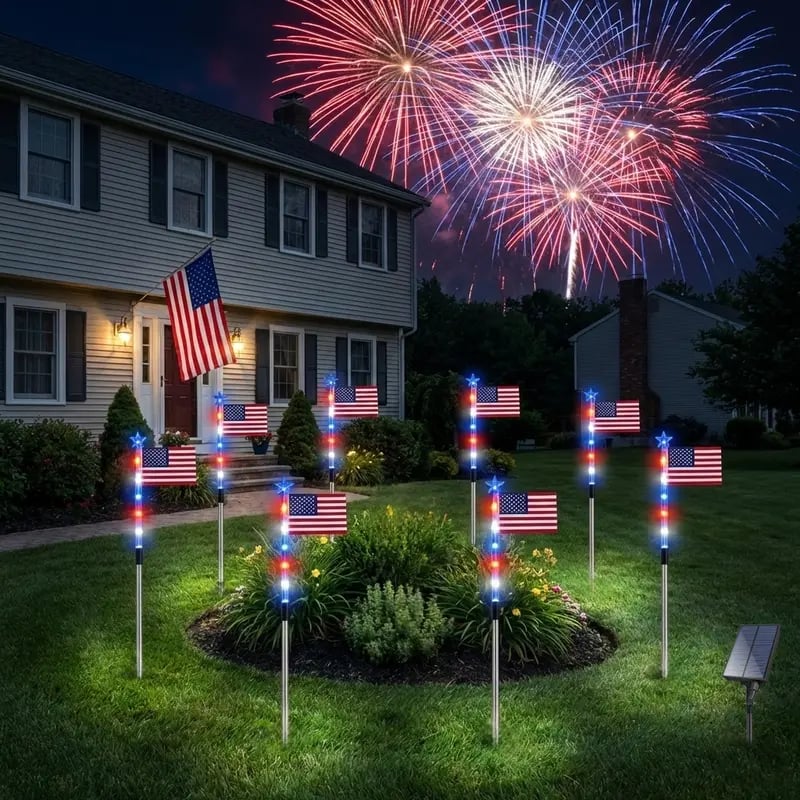 8 Solar American Flag Pathway Lights – Red. White & Blue Yard Glow for 250th Independence Celebration 🇺🇸✨