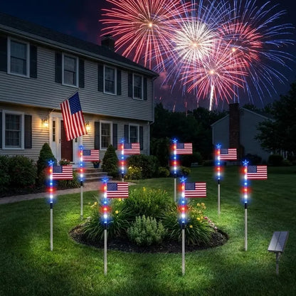 8 Solar American Flag Pathway Lights – Red. White & Blue Yard Glow for 250th Independence Celebration 🇺🇸✨